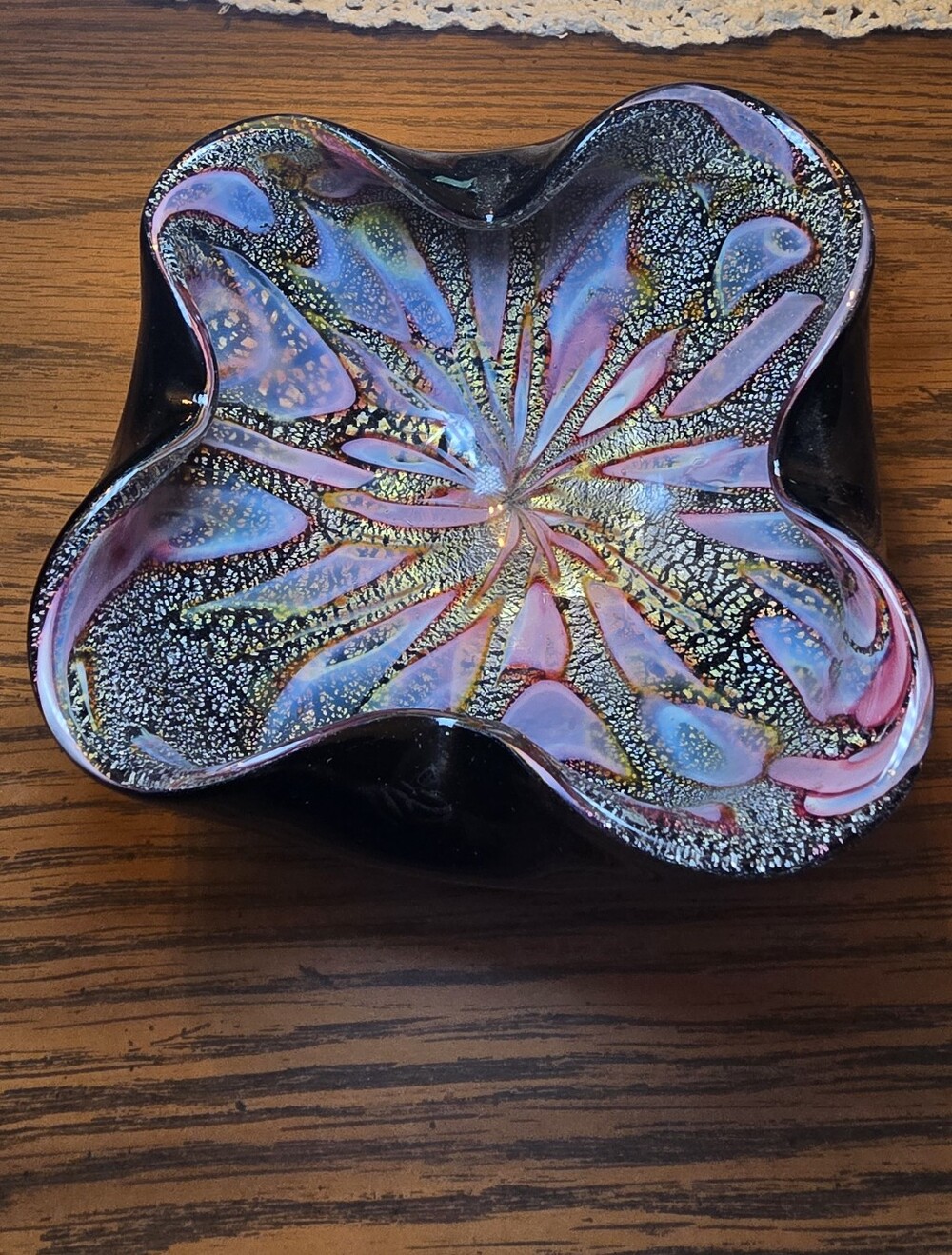 Murano Iridescent Black Glass Trinket Dish